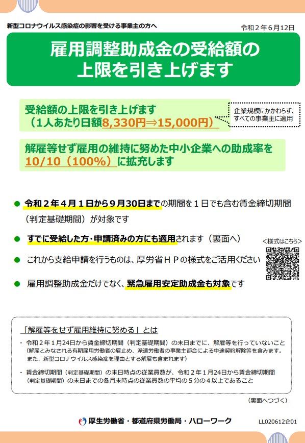 雇用調整助成金の受給額の上限引き上げ